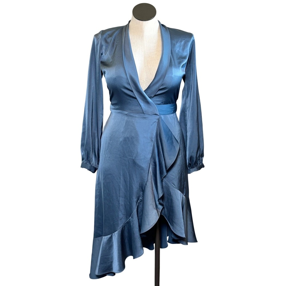 Lucy Paris Slate Blue Satin Ruffle Wrap Dress Long Sleeve Asymmetrical Hem Small